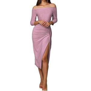 Off Shoulder Ruched Sexy Slit Dress Sz S Rose Pink